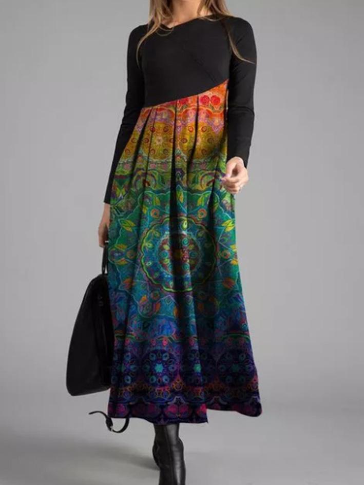 Women's Printed V-neck Long Sleeve Maxi Dress