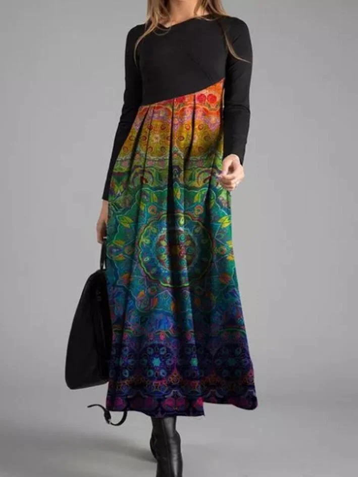 Women's Printed V-neck Long Sleeve Maxi Dress