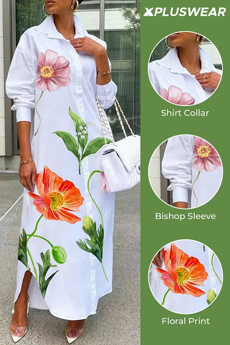 Plus Size Business Casual White Elegant Floral Shirt Collar Long Sleeve Maxi Dresses