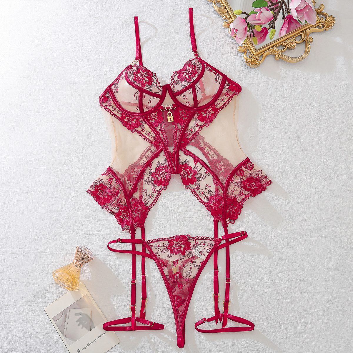 Lovingerie - Sexy Three-Piece Lingerie Set Mesh Underwire Backless Bodysuit Removable Garter Belt