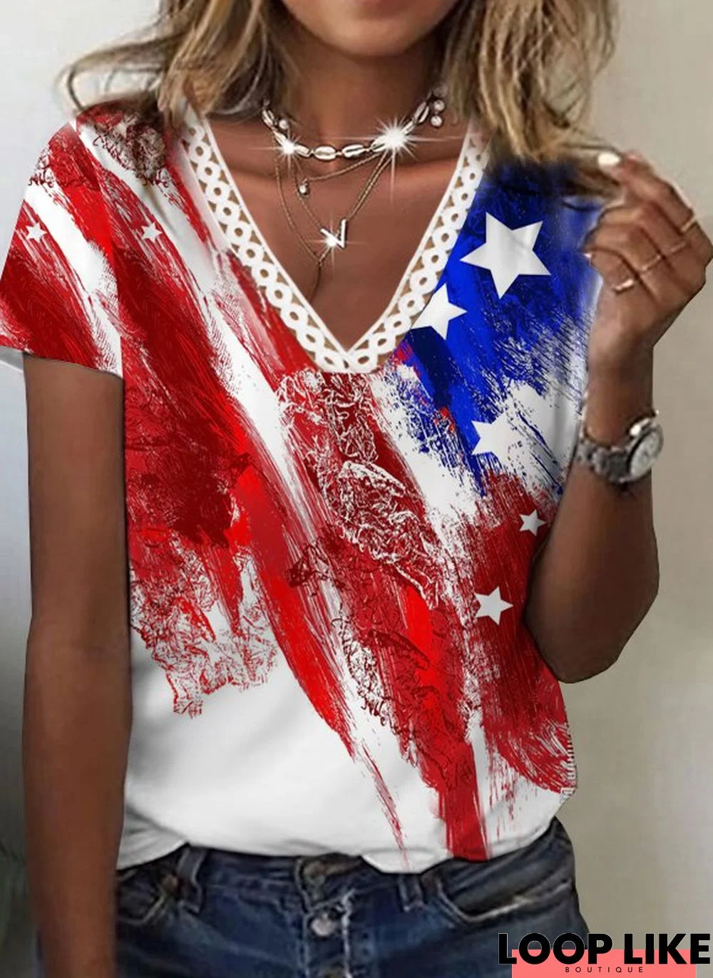 Flag Star Striped Printed Casual Loosen V NeckShort Sleeve T-Shirt