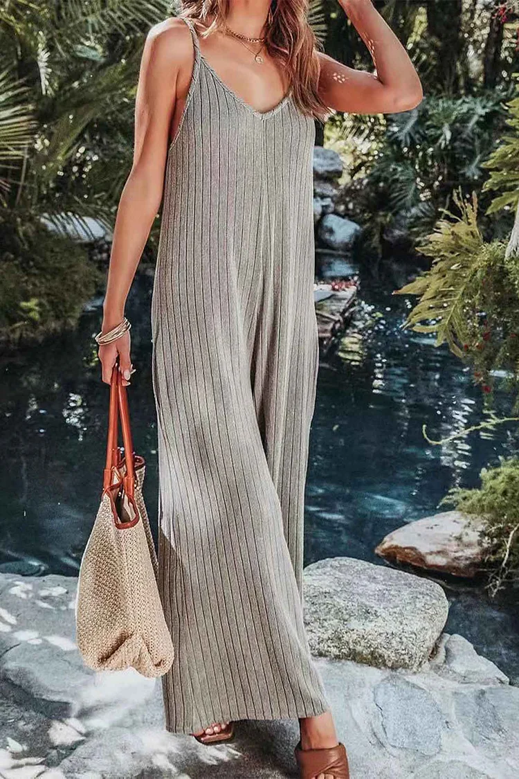 Solid Color Ribbed Sleeveless Wide Leg Jumpsuit