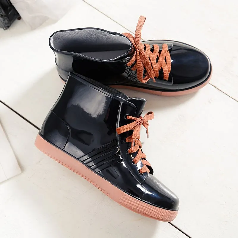 Leopard Women's Rainshoes Waterproof Non-Slip Flat Rubber Shoes Women Rain Boots Short Tube Lace Up Velvet Warmer Winter Boots