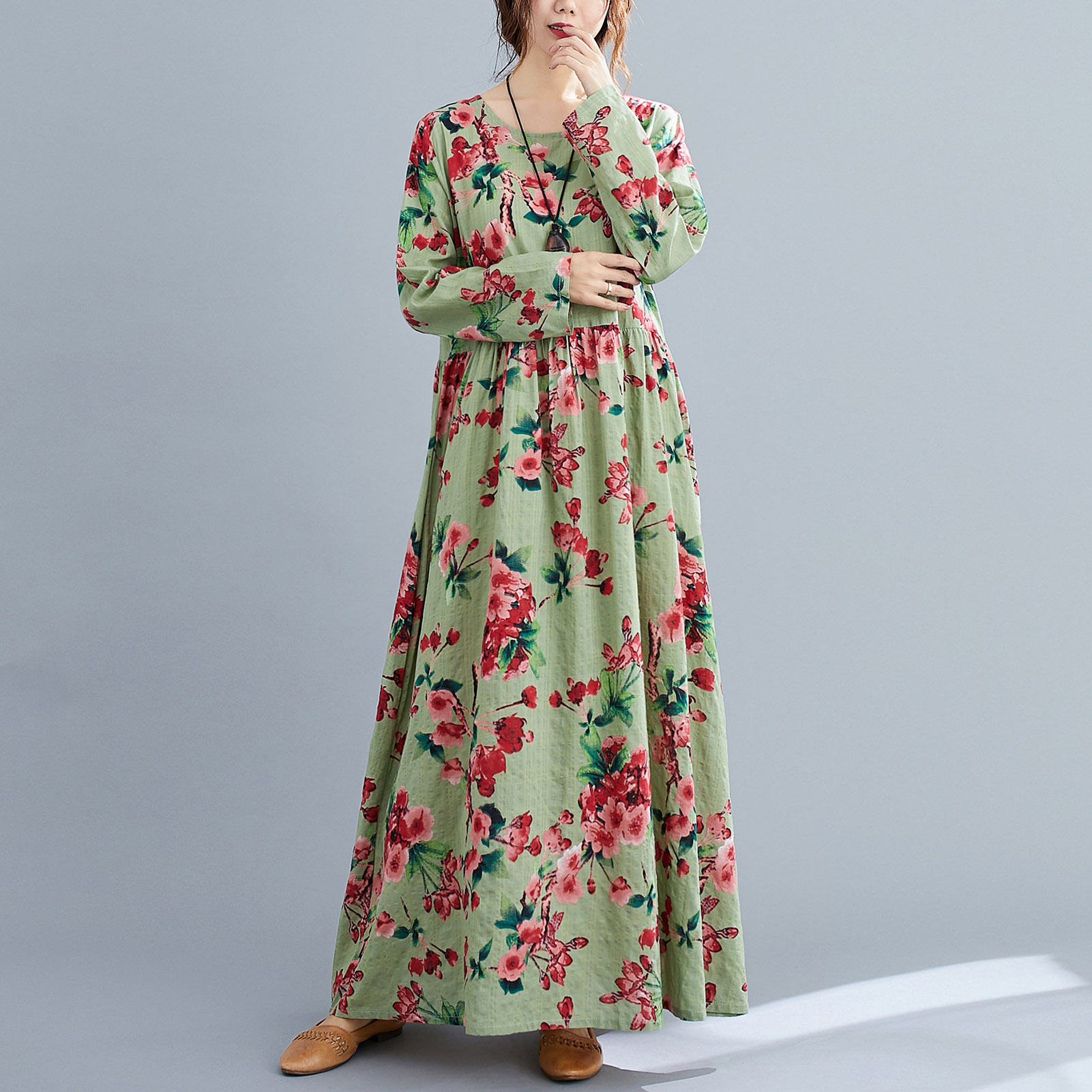 Spring Autumn Women Floral Print Dress Multi Color O-Neck Long Sleeve Vintage Casual Dress Loose Beach Holiday Dresses