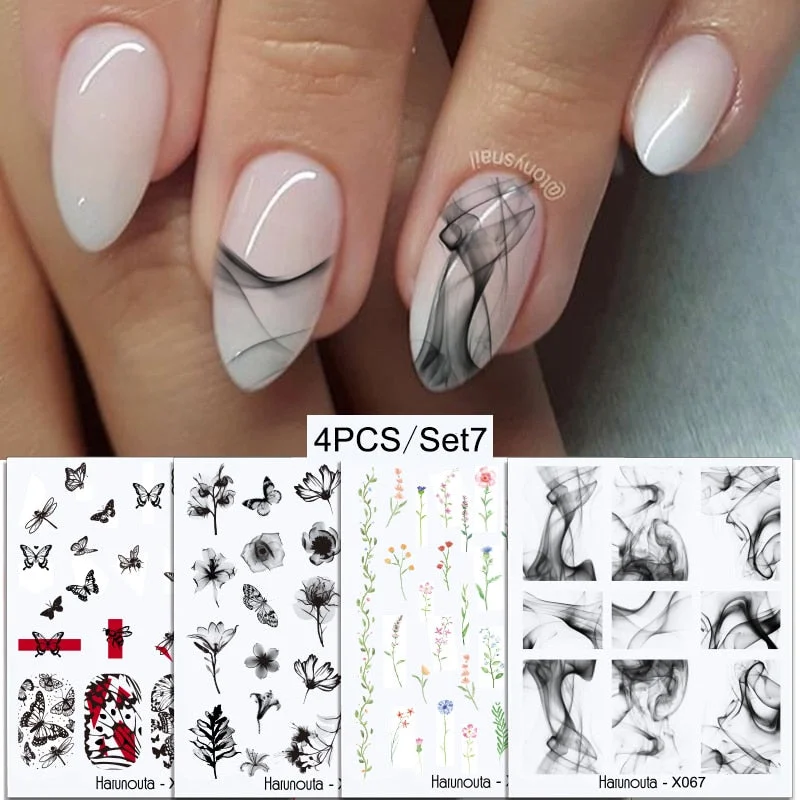 4Pcs/Set Flower Leaves Water Decasl Stickers Floral Geometric Lines Transfer Water Sliders For Nails Manicures Decoration