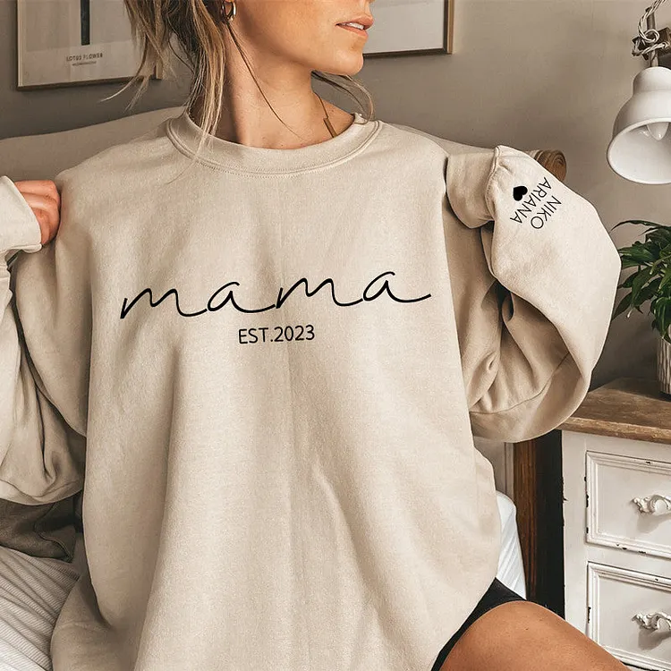 Custom Chest Text Est Year Mama Sweatshirt, Custom Mother's Day Sweatshirt, with Children's Names on the Sleeve