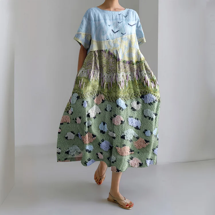 Farm Sheep Art Print Round Neck Short Sleeve Loose Midi Dress
