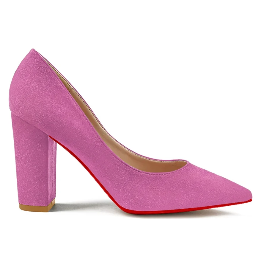 3.5" Women's Chunky Heels Red Bottom Shoes Comfortable Middle Block Heel Suede Pumps-MERUMOTE