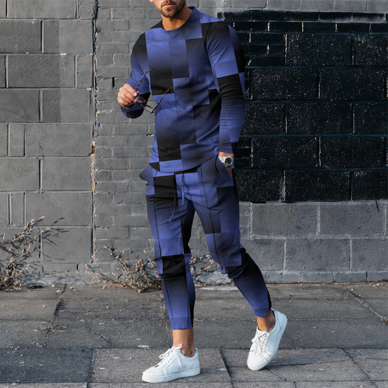 Men's Geometric Pattern Gradient Long Sleeve T-Shirt And Pants Two-Piece Set