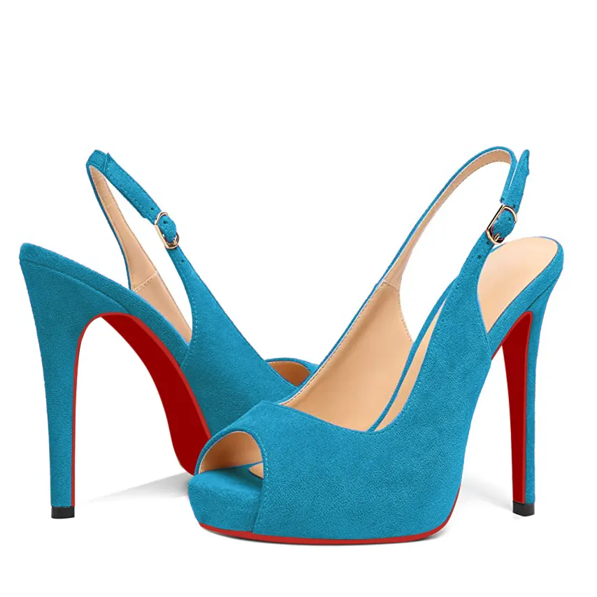120mm Strap Slingback Sandals Peep Toe Platform Stilettos Red Bottom Suede Heels-vocosishoes
