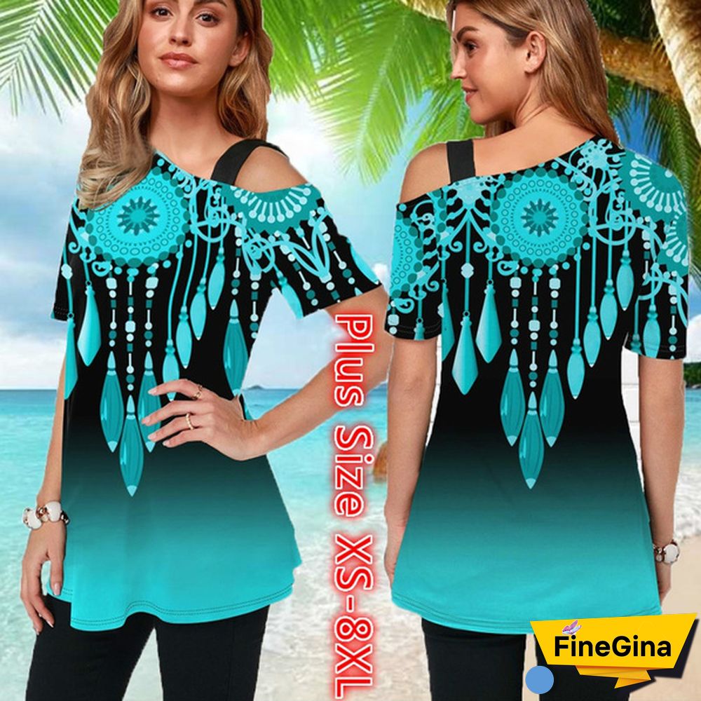 Womens Tops Femme Blouse Tribal Print Short Sleeve Gradient T Shirt Plus Size XS-8XL