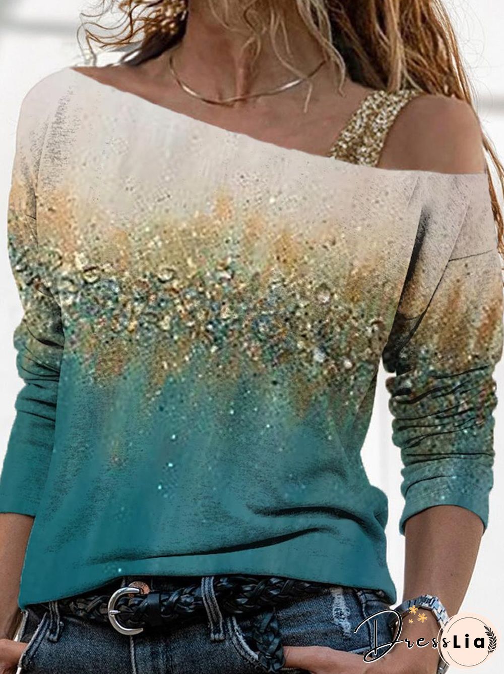 Art Print Color Block Off-shoulder Long Sleeve Top Women