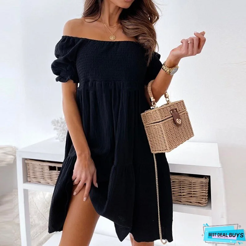 Fashion Sexy Off Shoulder Ruffle Mini Dress Casual Short Sleeve Women Party Dress Elegant Slash Neck Loose Summer Dress Vestidos