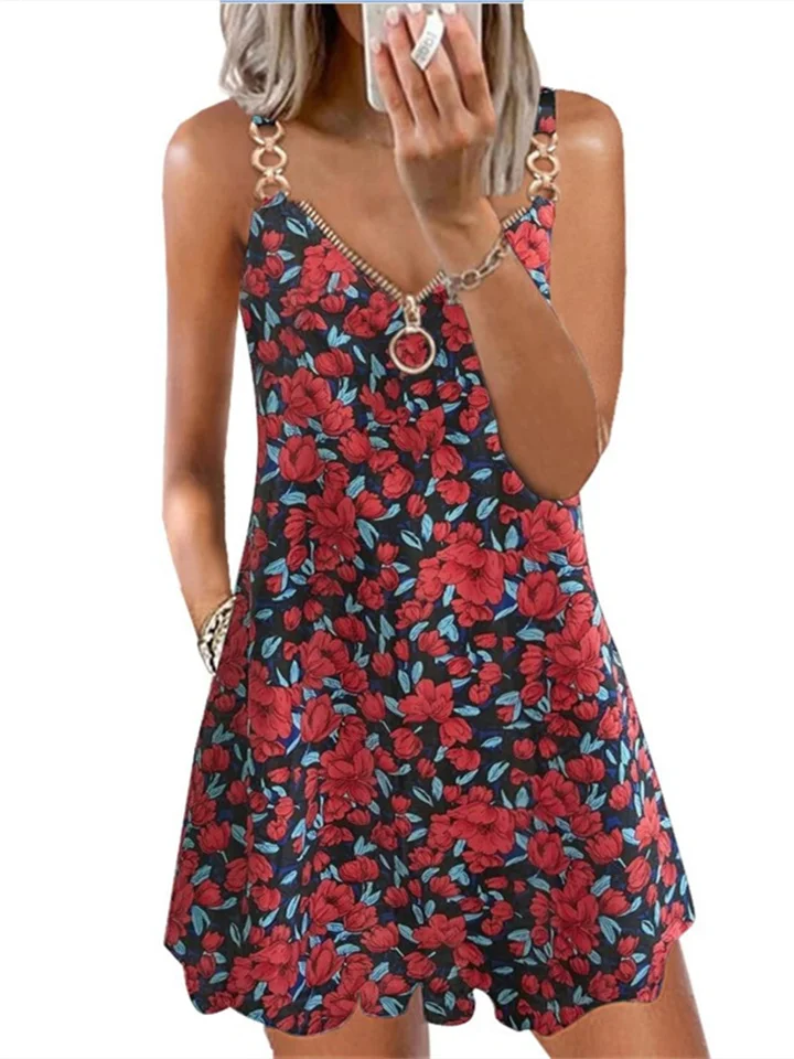 Summer Hot High Waist Set Head Fashion Print Zipper Metal Auxiliary A-line Dress Large Size Loose Sleeveless Sling Dress