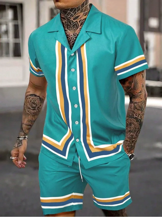 [S-3XL]Men's Classic Casual Striped Digital Print Cuban Collar Shirt Shorts Two-Piece Set