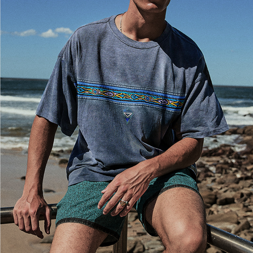 Oversized Retro Casual Print Surf T-Shirt / [blueesa] /