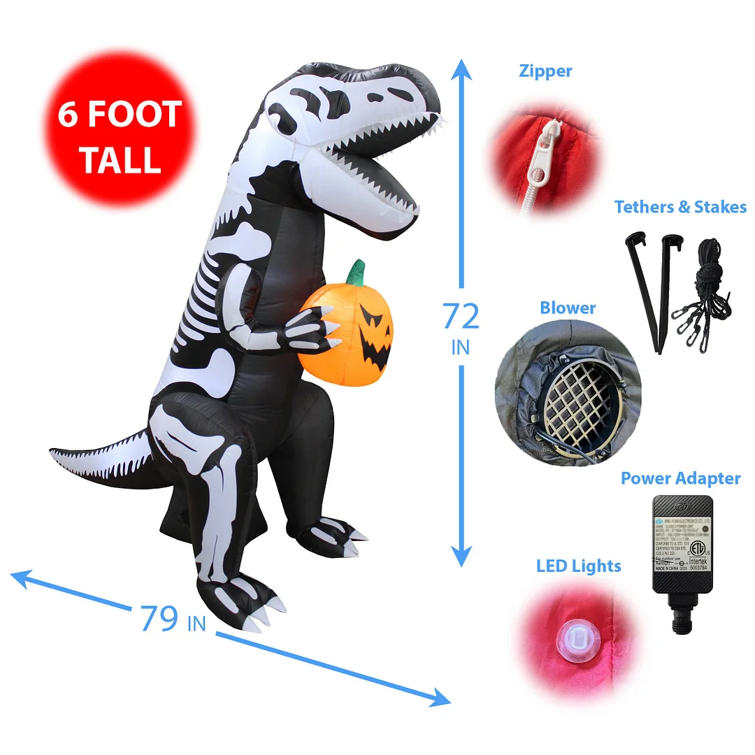 Skeleton Dinosaur with Pumpkin Yard Halloween Inflatable