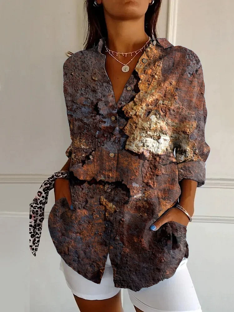Vintage Distressed Rust Print Casual Long Sleeve Shirt