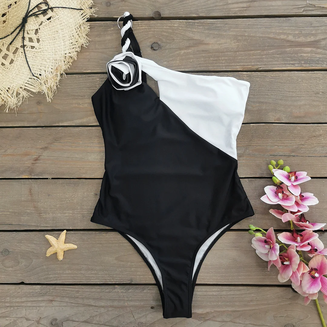 Uveng Suspension 3D Flowers Solid Color One-Piece Swimsuit Women 2025 New One-Piece Swimsuit