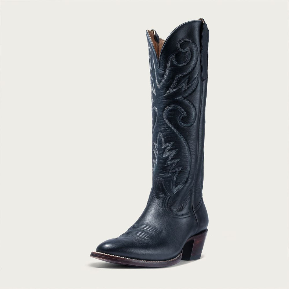 Navy Round Toe Chunky Heel Embroidered Knee-High Cowgirl Boots Nicepairs