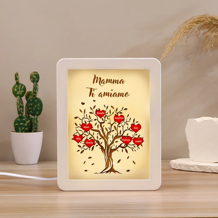 Cornice albero di cuore rosso con LED luce a tre colori 8 nomi e 1 testo personalizzati anche usati come specchio regalo per mamma/nonna
