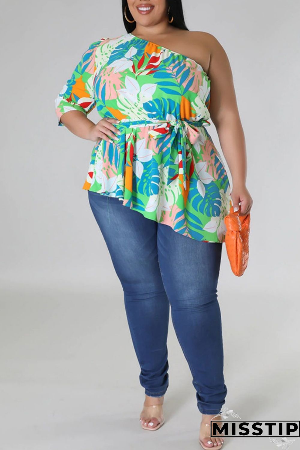 Black Yellow Casual Print Backless Oblique Collar Plus Size Tops