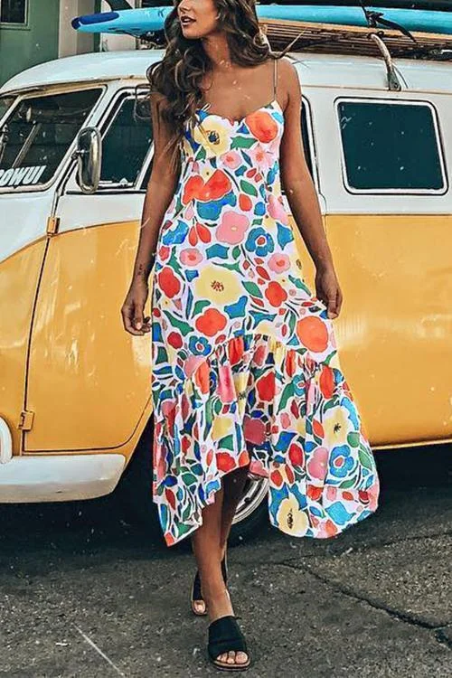 Floral Printed Backless Mid Calf Dress With Pocket