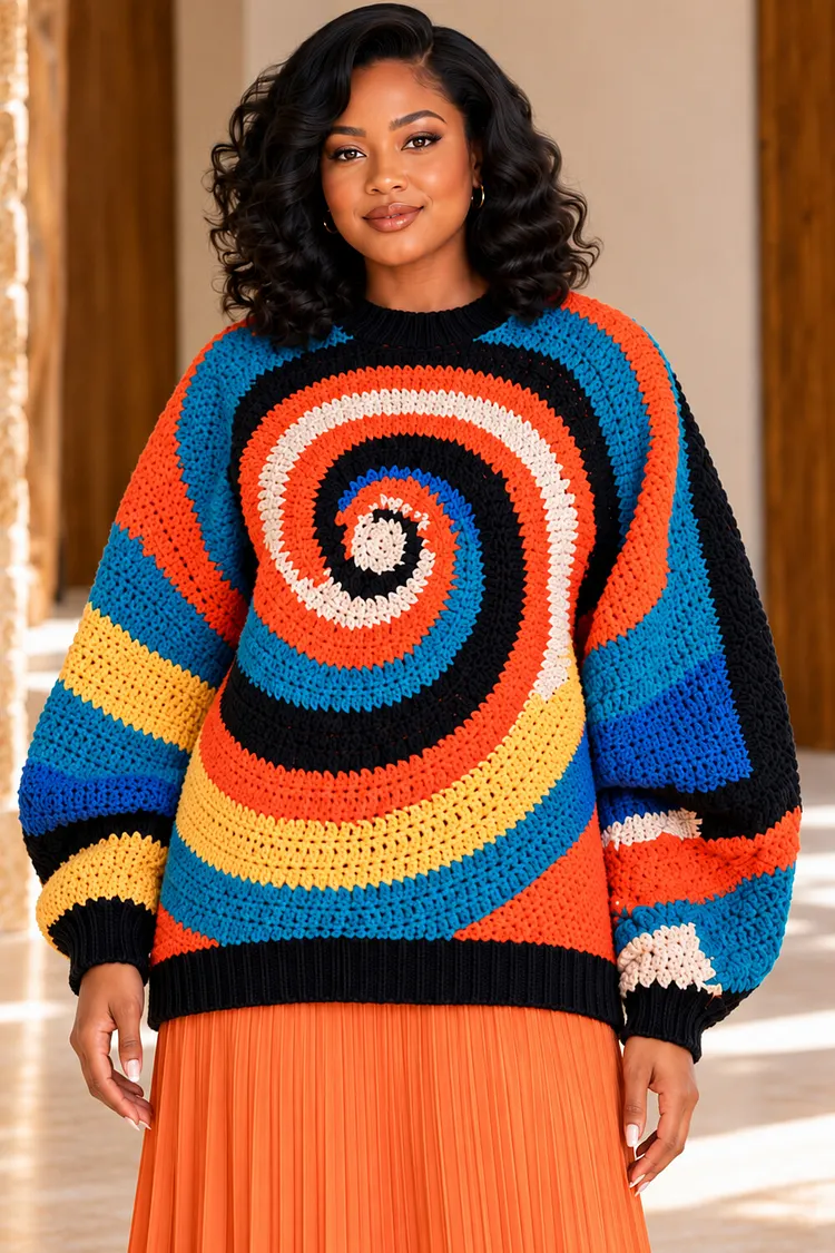 Xpluswear Design Plus Size Daily Multicolor Round Neck Long Sleeve Crochet Sweaters [Pre-Order] 2024 - Xpluswear