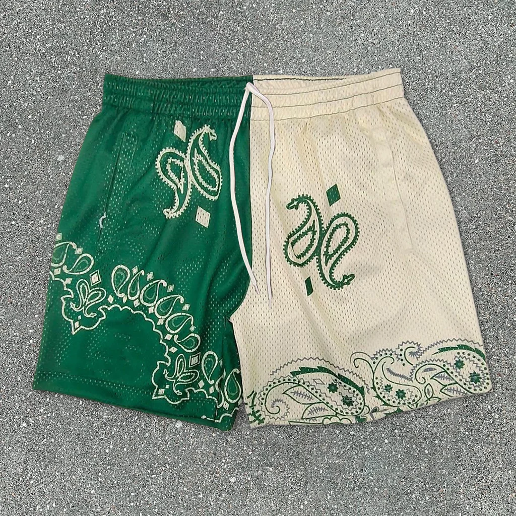 Colorblock cashew flower sports mesh shorts