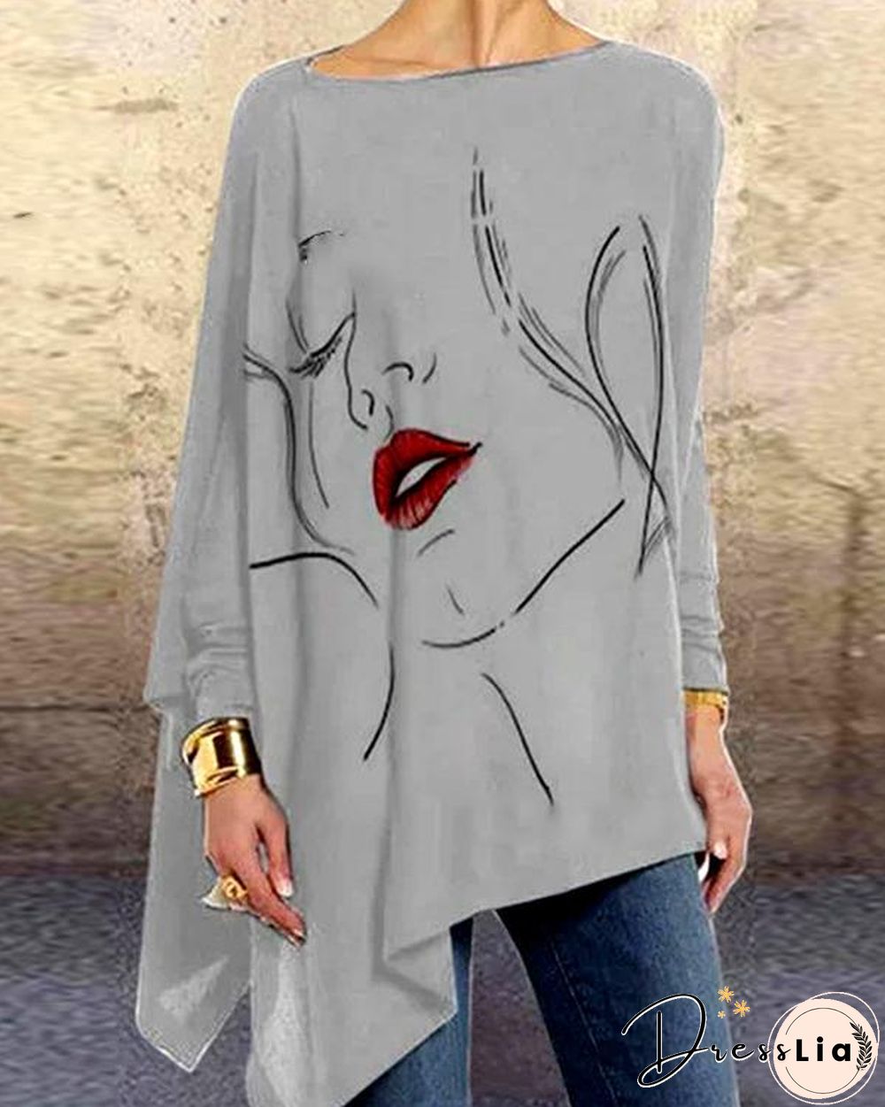 Gray Crew Neck Casual Shirts & Tops