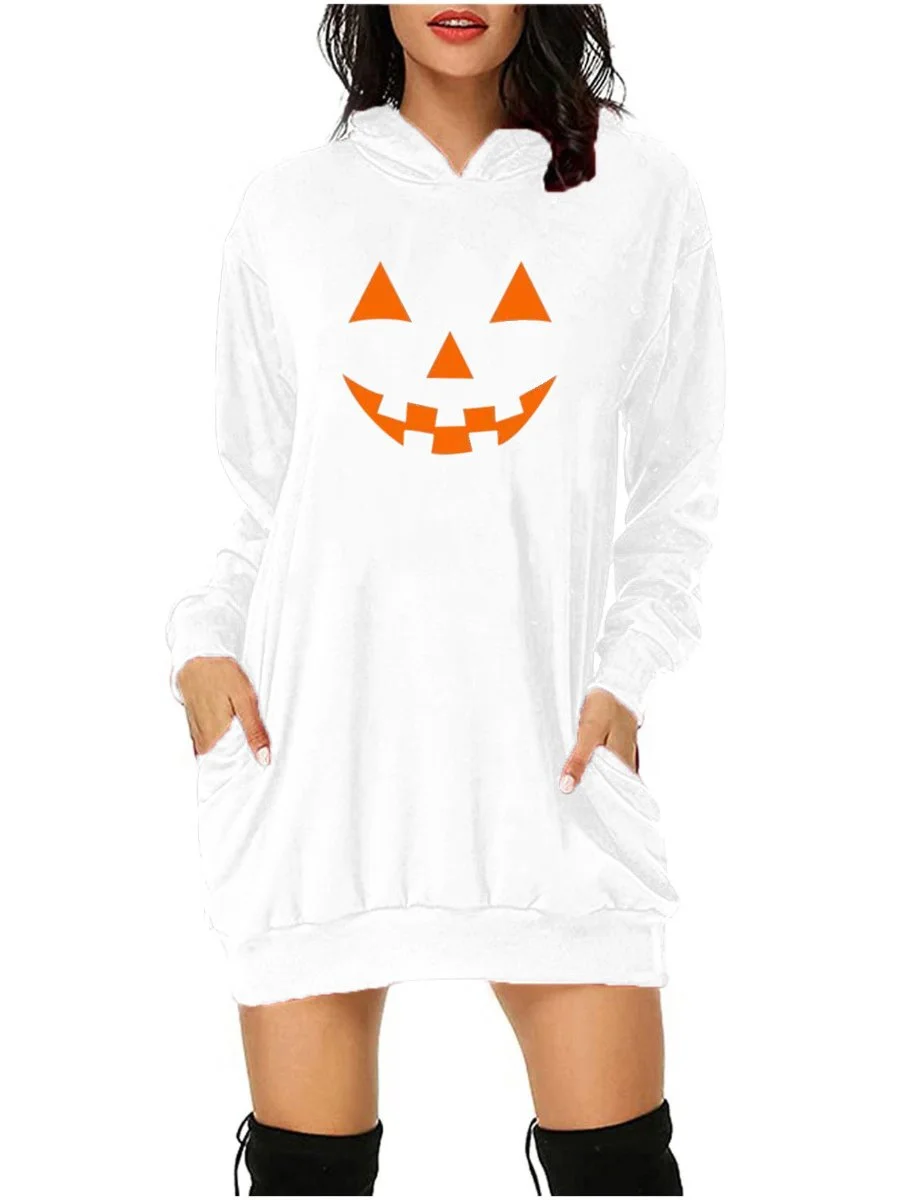 Costumes For Halloween Pumpkin Print Mid-length Pocket Long Sleeve Hoodies