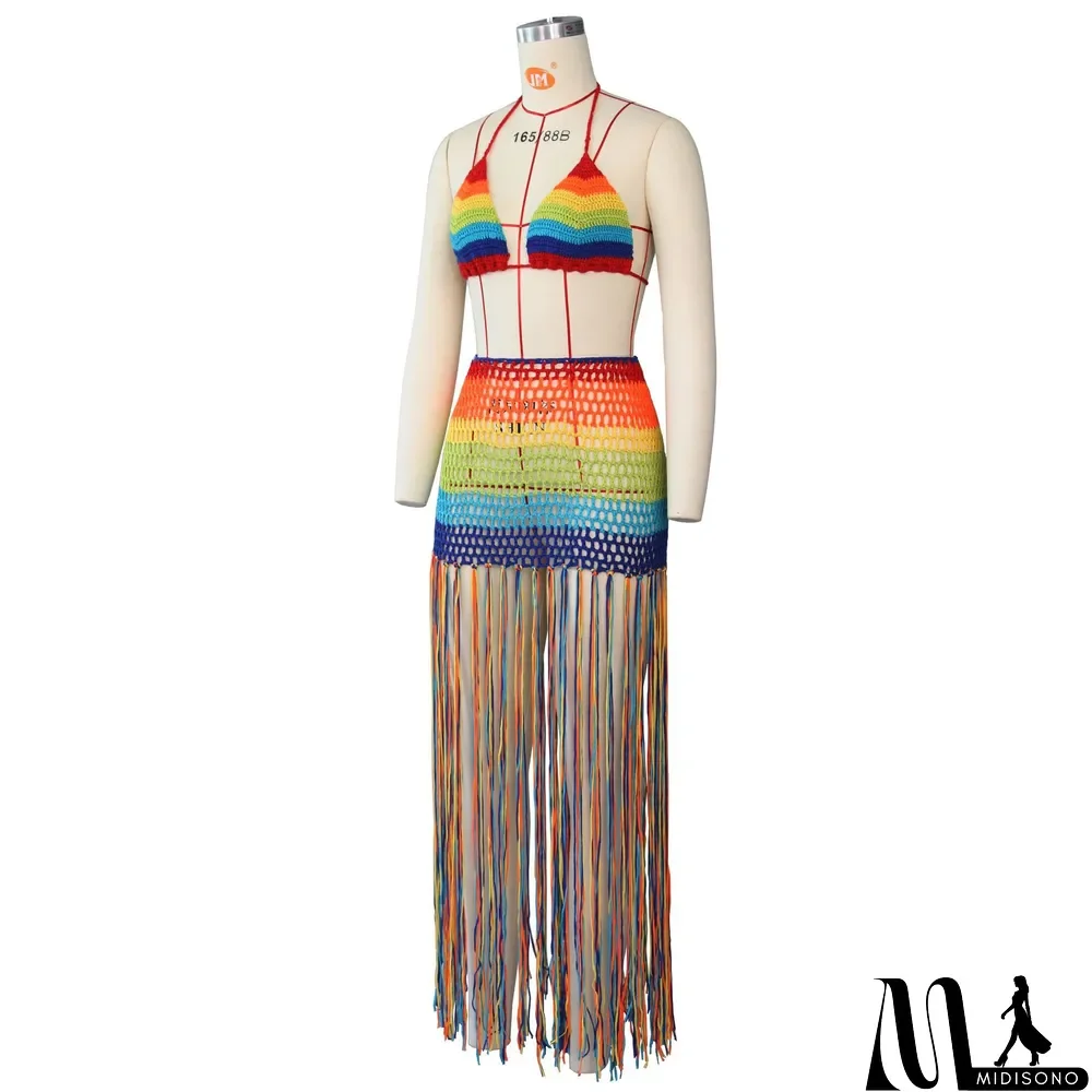MidiSono - Sexy Crochet Tassel Cutout Skirt Two Piece Set