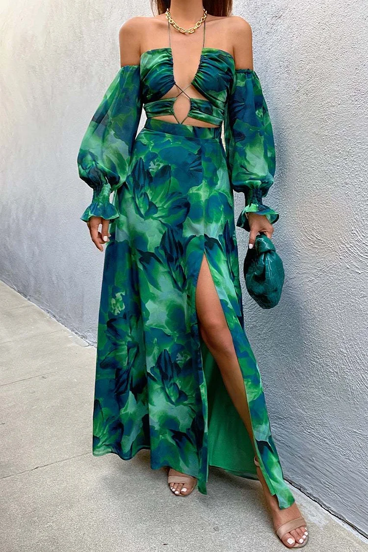 Halter Lantern Sleeve Cut Out High Slit Print Vacation Maxi Dress