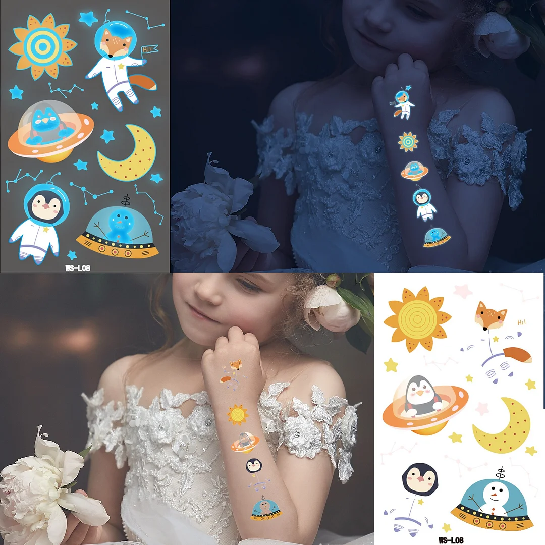 Sdrawing Glow In The Dark Temporary Tattoos For Kids Boys Kids Fake Luminous Tattoo Flash Animal Cartoon Party Favor Set Glowing Zoo