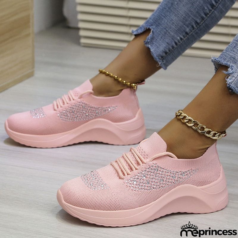 Lady Summer Trendy Solid Color Rhinestone Walking Sneakers