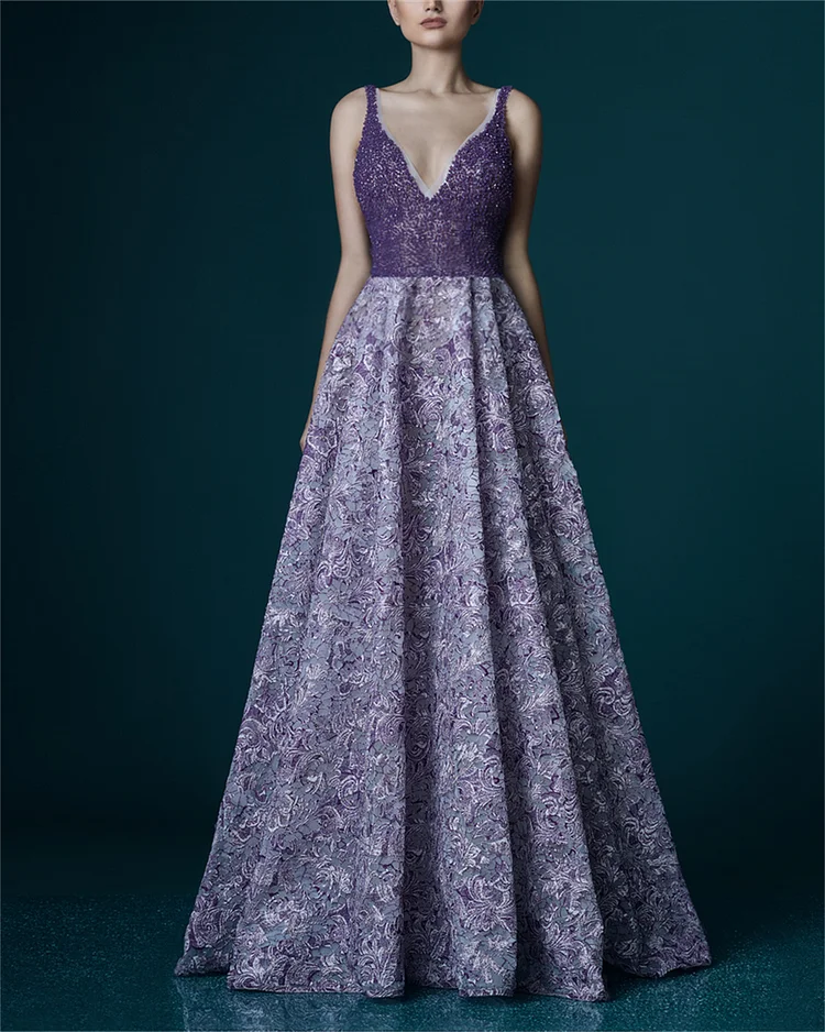 Women's V Neck Purple Embroidery Evening Dress