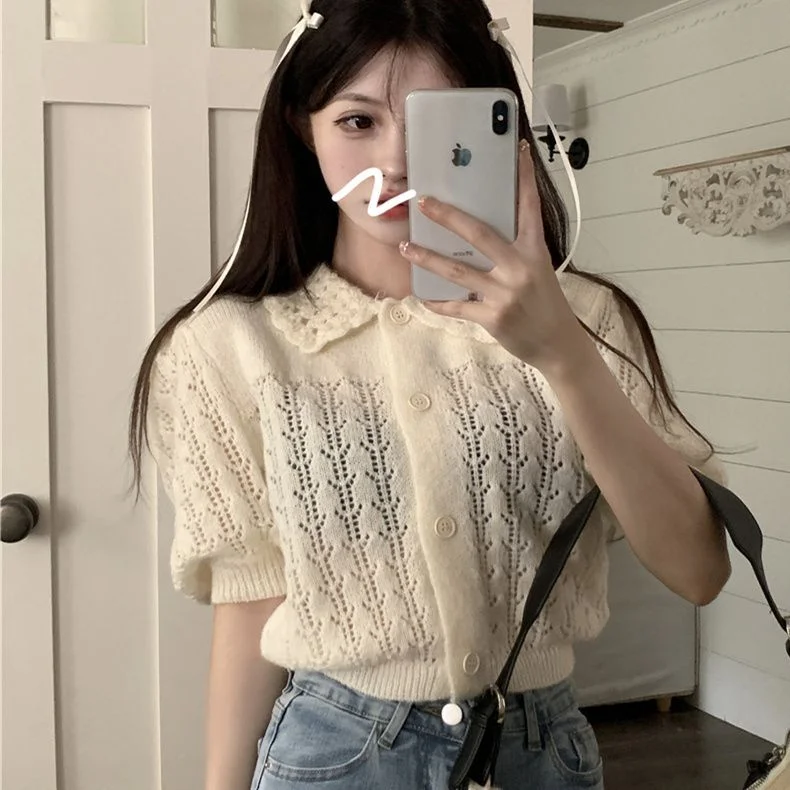 Uveng Uveng Retro Short-Sleeved Knitted Jersey Jacket Women's Summer 2024 New Korean Version Of Short Bubble Sleeve Hollow Top