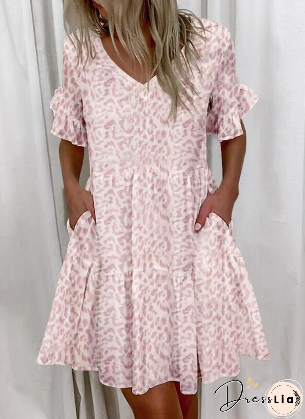 Printed Ruffle Pocket Dress Women Casual Loose Shoprt Sleeve Boho Vestidos Mujer