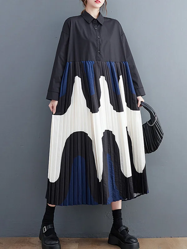 A-Line Long Sleeves Contrast Color Pleated Printing Split-Joint Polo Midi Dresses