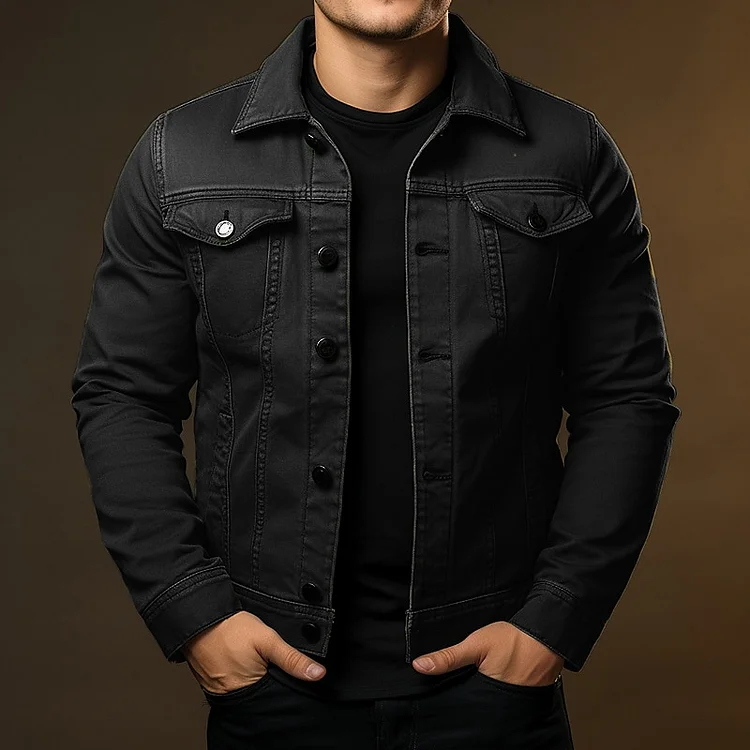 Utbros Men's Warm Solid Color Fashion Street Lapel Denim Jacket