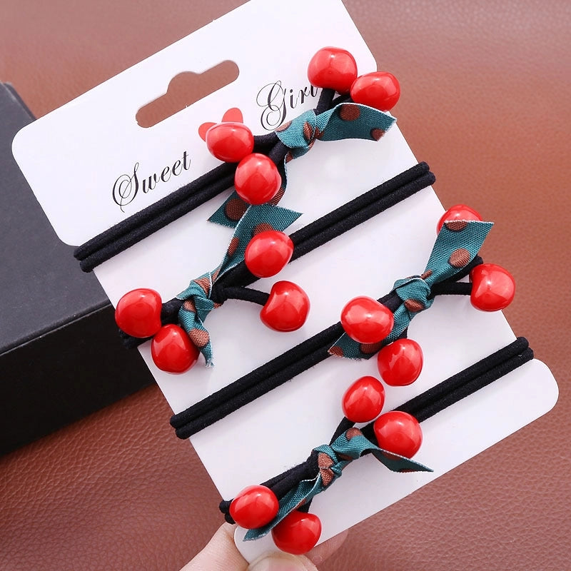 Korean Cherry Head Strap Rubber Band Cute Hair Ring Double Strand Red Apple Bow Hair Strap Mori Women's Pony Tail Headwear