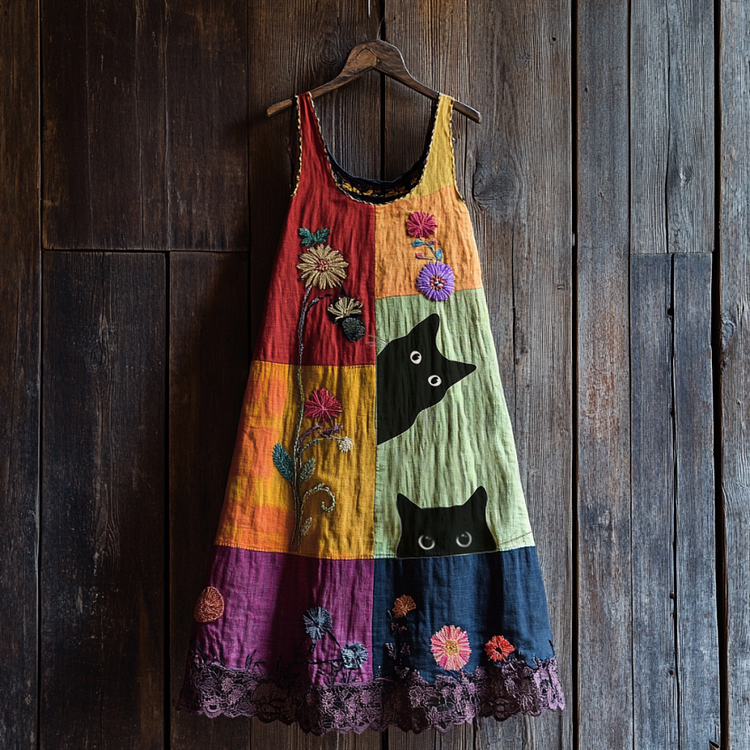 Vintage Abstract Creative Cute Black Cat  With Floral Patchwork Art Linen Tank Dress