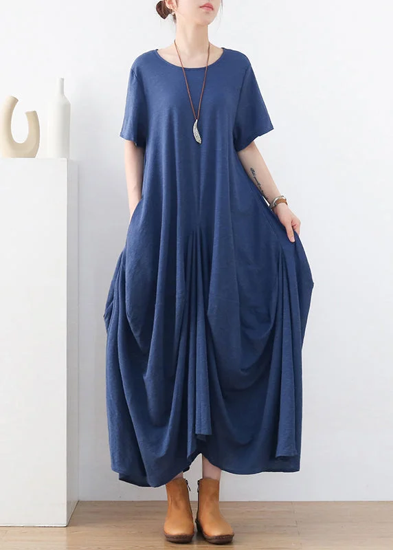 Women Blue Exra Large Hem Pockets Cotton Long Dresses Short Sleeve