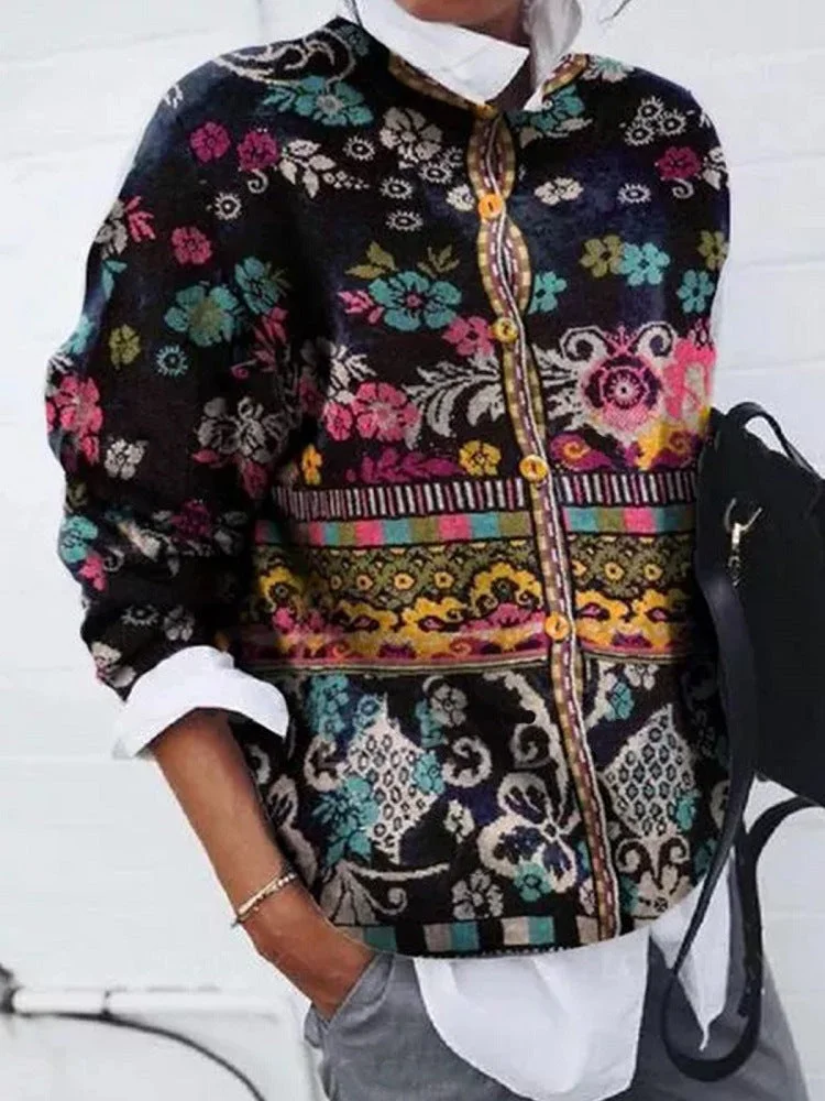 Women Long Sleeve Floral Printed Stitching Knit Simple Cardigan