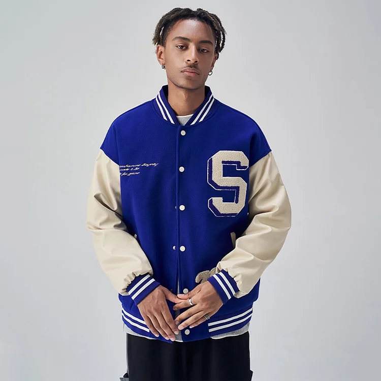 Men's Embroidery Patchwork Leather Vintage Baseball Jackets at Hiphopee