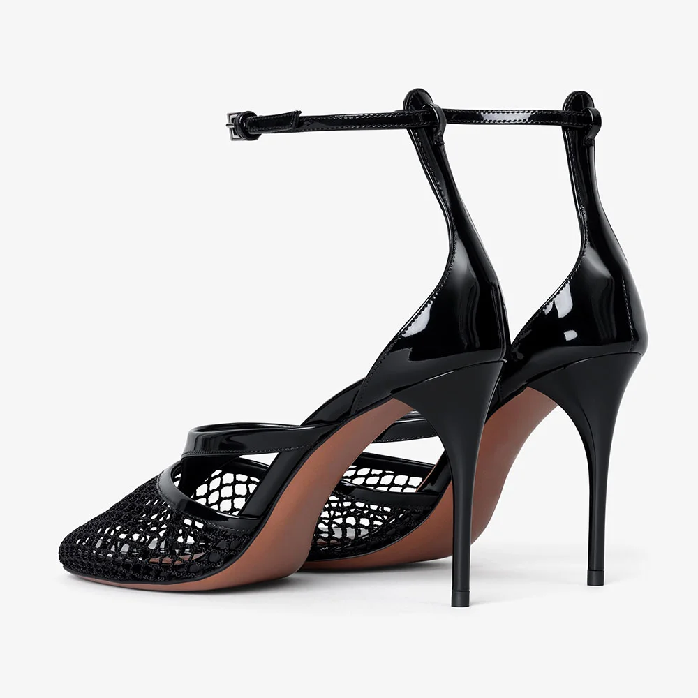 YDN Black Fishnet Round Toe Ankle Strap Stiletto Heeled Sandals