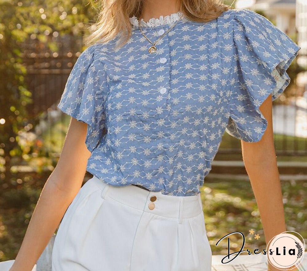 Casual spring summer floral embroidery blouse women Ruffle sleeves lace collar blouses elegant office lady shirt vintage