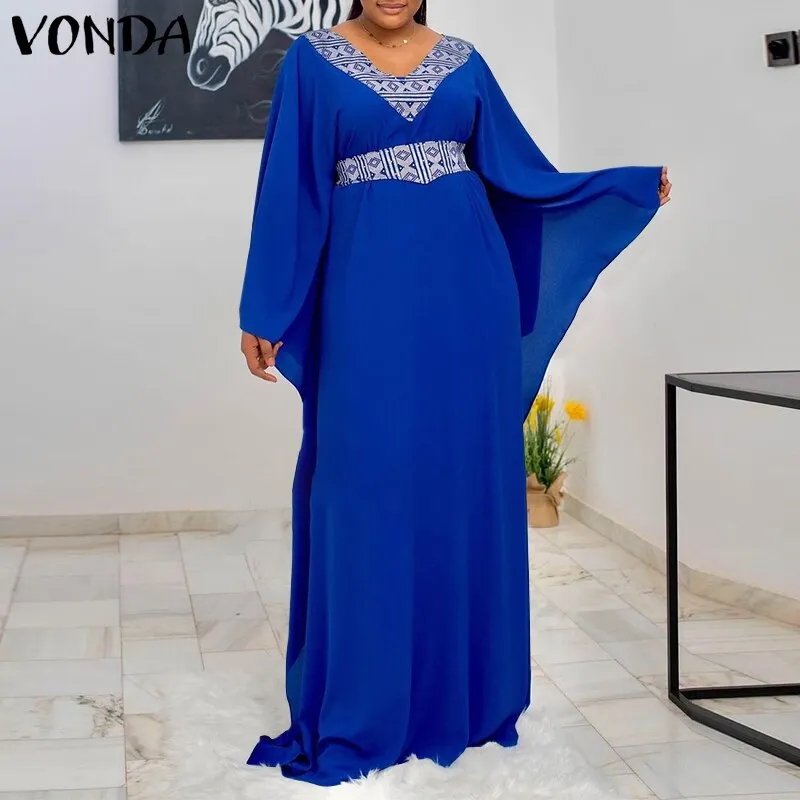 Women Solid Sleeveless Maxi Dress VONDA 2022 Summer Bow Neck Flare Sleeve Pleated Ruffled Long Party Sundress Bohemian Vestidos