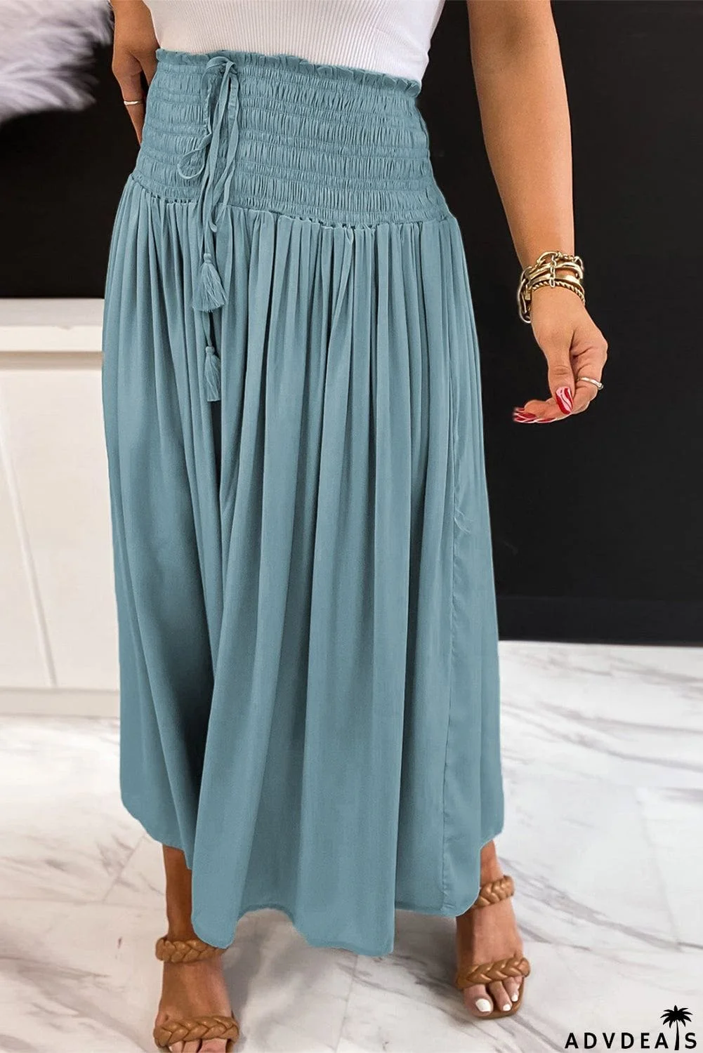Drawstring Smocked High Waist A-line Skirt