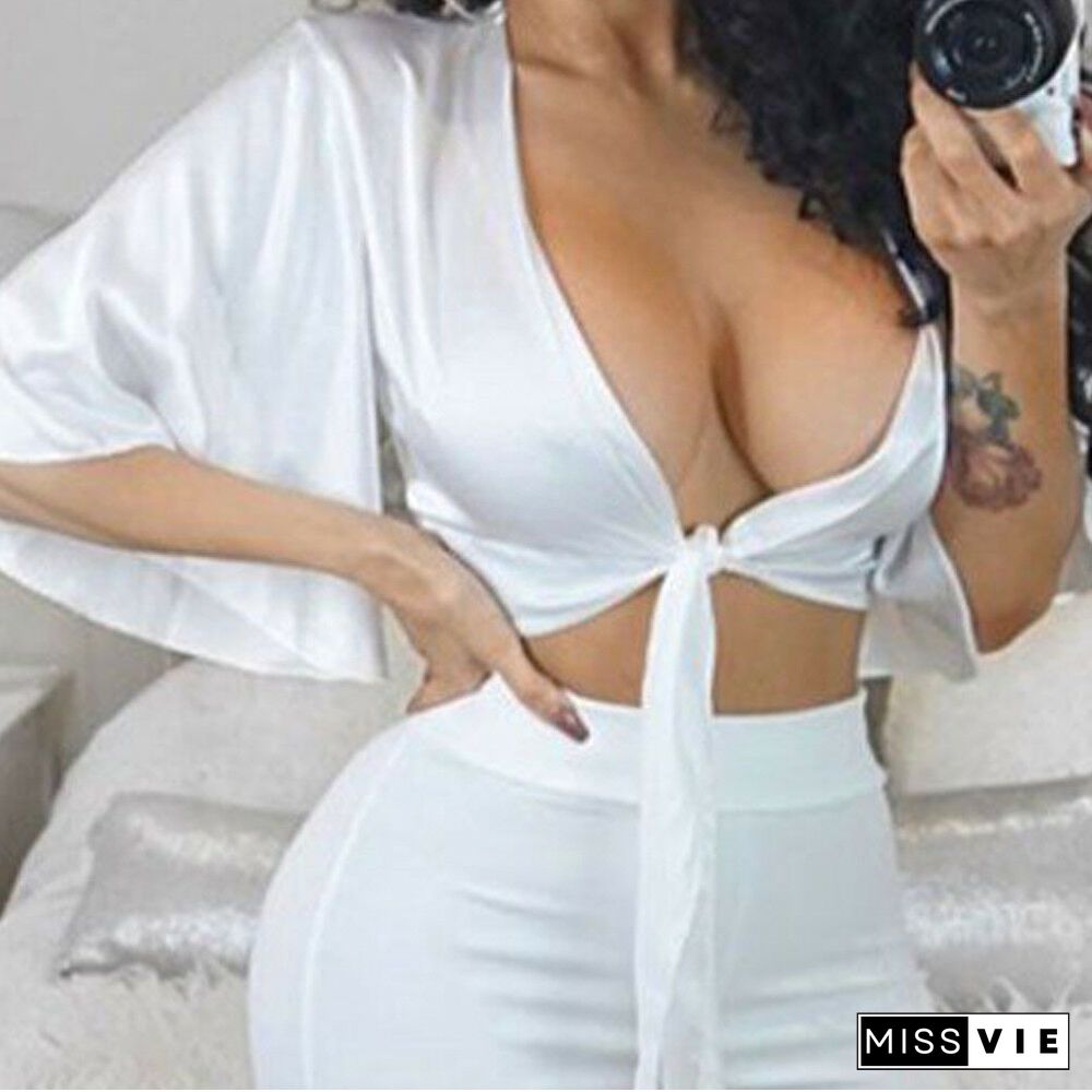 Womens Floral Ladies V Neck Tie Knot Front Flared Sleeve Plunge Neck Crop Top